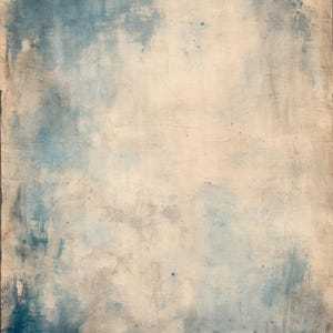 以下が含まれることがあります： テクスチャ加工された、経年変化した外観の抽象的なアートプリント。このアートワークは、明るいベージュと落ち着いたブルーの色合いを組み合わせ、ヴィンテージ感を出すために、目に見える筆致と飛沫が特徴です。