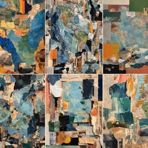 May include: Six abstract collages composed of torn paper, maps, and paint. The artworks use a palette of blues, oranges, greens, and browns. The layered textures and shapes create a dynamic visual experience across the six pieces.