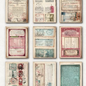 May include: Nine vintage ephemera sheets with aged paper textures. Each sheet features stamps, handwritten text, and decorative borders in shades of red, blue, and brown. The sheets are arranged in a grid pattern.
