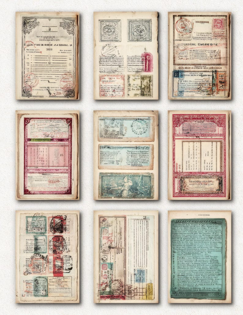 May include: Nine vintage ephemera sheets with aged paper textures. Each sheet features stamps, handwritten text, and decorative borders in shades of red, blue, and brown. The sheets are arranged in a grid pattern.