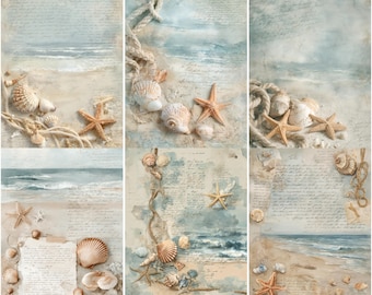 Coastal Junk-dagboekpagina's, strandaquarelachtergronden, nautisch plakboekpapier, Ocean Ephemera-kit, afdrukbaar aan zee, digitaal papier