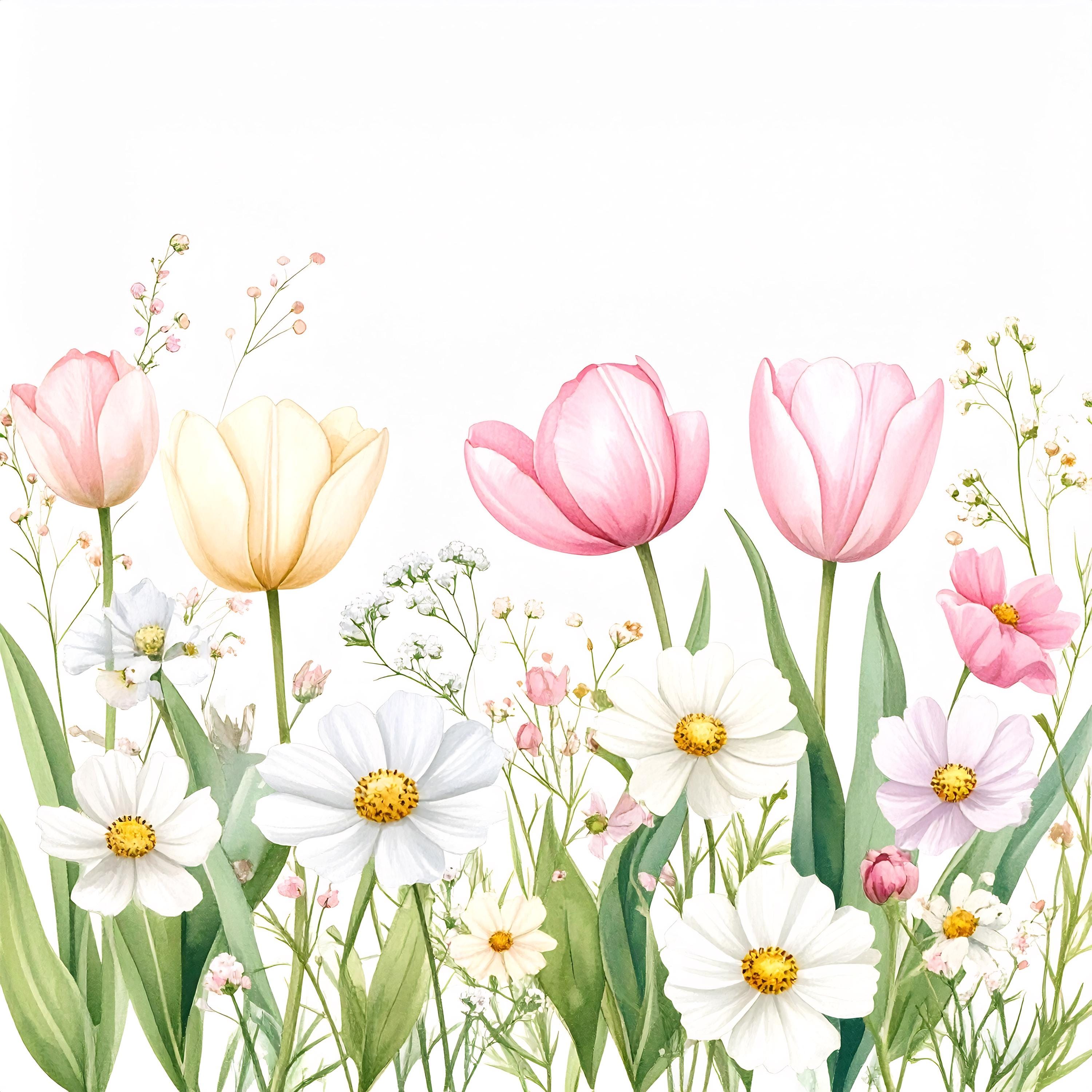 12 Spring Pink Tulip Watercolor Flower Clipart Pastel Wildflower ...