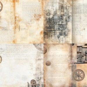 Steampunk skräpjournalsidor, vintage industriella tapetpapper, maskinkollagebakgrunder, skräpjournalmaterial, digital nedladdning