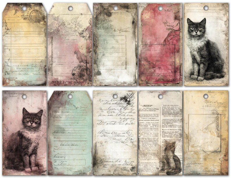 Cat Junk Journal Pages, Antique Kitten Labels and Tags, Feline Ephemera ...