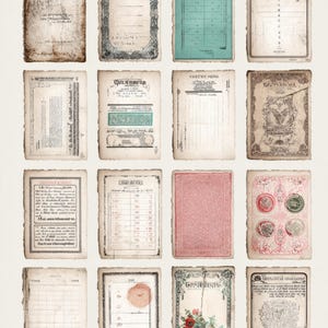 May include: A selection of sixteen vintage paper ephemera. The papers display aged textures, decorative borders, and diverse designs, including floral illustrations, calendars, and handwritten text. The colour palette includes beige, blue, pink, and green.