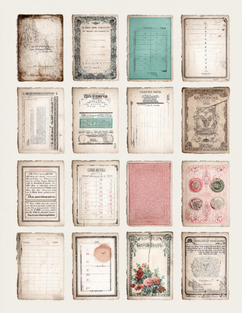 May include: A selection of sixteen vintage paper ephemera. The papers display aged textures, decorative borders, and diverse designs, including floral illustrations, calendars, and handwritten text. The colour palette includes beige, blue, pink, and green.