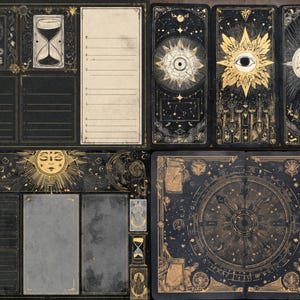 May include: A set of black and gold tarot card designs. The designs feature celestial imagery including suns, moons, stars, and hourglasses. The cards have a vintage, mystical aesthetic, with intricate details and ornate borders.