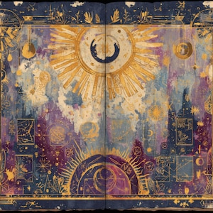 May include: Open book with celestial-themed illustrations. The pages feature a watercolor-style background in shades of blue, purple, and gold. Gold sun and moon symbols are prominent, along with other celestial and geometric designs. The book has a distressed, aged appearance.