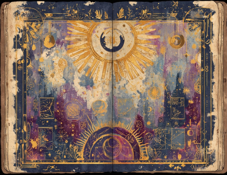 May include: Open book with celestial-themed illustrations. The pages feature a watercolor-style background in shades of blue, purple, and gold. Gold sun and moon symbols are prominent, along with other celestial and geometric designs. The book has a distressed, aged appearance.