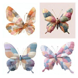 May include: Four decorative butterflies crafted from patchwork fabric pieces. Each butterfly features a unique combination of plaid, striped, and solid-colored textile segments in shades of orange, pink, blue, green, and purple with thin antennae.