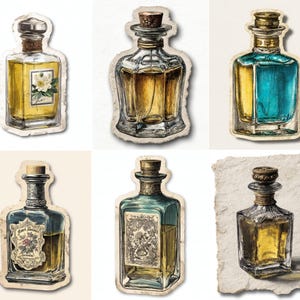 May include: A collection of six vintage perfume bottles with ornate designs. The bottles feature various shapes, colors, and stopper styles, including cork and metal tops. Each bottle has a unique label or decorative element.