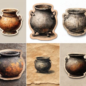 May include: A collection of six sticker designs featuring illustrations of cauldrons. The cauldrons vary in color, from bronze to dark gray, and have handles. Some are resting on legs, while others have a rounded base. The stickers are on a neutral background.