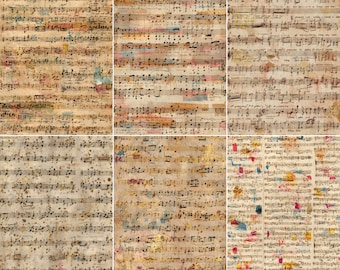 Può includere: Un collage di sei pagine di spartiti antichi. La carta invecchiata è macchiata con tonalità marroni, gialle e rosse e cosparsa di vernice colorata. Le note musicali e le linee del pentagramma sono visibili, creando un'estetica vintage.
