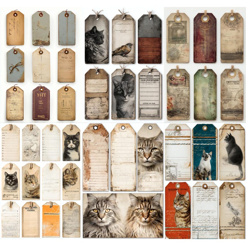 Cat Labels Paper Cat Pocket Labels Printable, Vintage Cat Labels, Journal Pocket ...