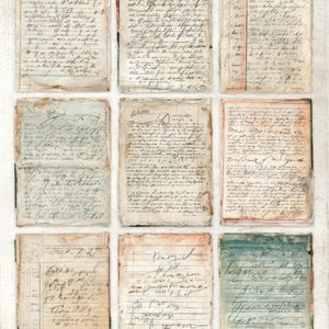 Op de afbeelding: Negen verouderde papieren vellen met handgeschreven tekst, gerangschikt in een 3x3 raster. De papieren hebben een vintage uitstraling, met vergeelde pagina's en versleten randen. Het handschrift is in zwarte inkt, met enkele pagina's die vage blauwe of groene tinten vertonen. Het algemene thema zijn historische of antieke documenten.