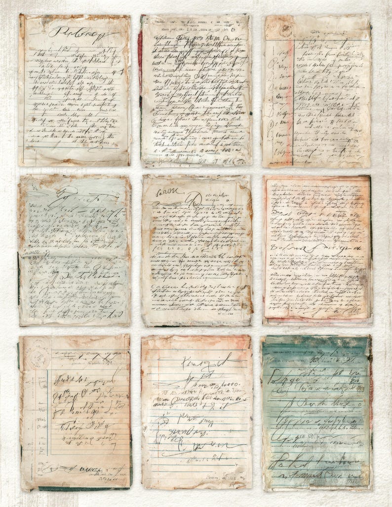 Op de afbeelding: Negen verouderde papieren vellen met handgeschreven tekst, gerangschikt in een 3x3 raster. De papieren hebben een vintage uitstraling, met vergeelde pagina's en versleten randen. Het handschrift is in zwarte inkt, met enkele pagina's die vage blauwe of groene tinten vertonen. Het algemene thema zijn historische of antieke documenten.