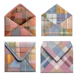 Könnte beinhalten: Vier Stoffumschläge mit Patchwork-Designs und sichtbaren Nähten. Die Umschläge zeigen verschiedene Karomuster und einfarbige Flächen in gedeckten Tönen von Rosa, Blau, Gelb, Grün und Braun, die aus rechteckigen und dreieckigen Stoffstücken bestehen.