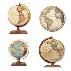 May include: A collection of four globes featuring various cartographic styles. Two globes are mounted on wooden stands with meridian rings, while two are circular flat representations of the world map in sepia and muted blue tones.