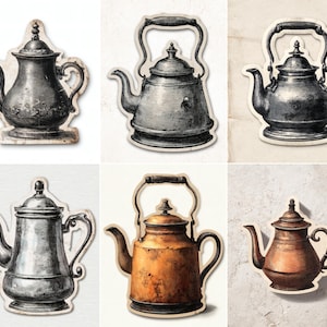 26 Recortes Decorativos de Chaleira, Materiais para Diário de Arte, Adesivos Vintage para Diário de Chá, Pacote de Adesivos com Clipart, Materiais para Scrapbook, Download Digital