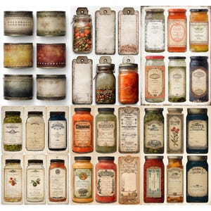Peut inclure: Une collection de bocaux et de contenants de style vintage. L'image présente des bocaux en verre de différentes tailles et formes avec des couvercles en métal, certains remplis d'ingrédients colorés. Des étiquettes décoratives avec des textures de papier vieilli sont également incluses.