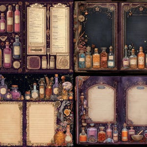 May include: A collage of illustrations featuring potion bottles, recipe pages, and decorative elements. The color palette includes deep purples, golds, and browns. The image evokes a mystical or apothecary theme, with various bottles and jars.