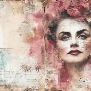 Puede incluir: Obra de arte de t&eacute;cnica mixta que presenta un retrato de mujer con un tocado floral. La pintura utiliza una paleta de rosas, marrones y cremas, con texto en forma de guion en el fondo. La mujer tiene ojos oscuros y labios rojos.