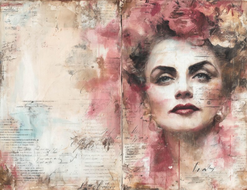 Puede incluir: Obra de arte de t&eacute;cnica mixta que presenta un retrato de mujer con un tocado floral. La pintura utiliza una paleta de rosas, marrones y cremas, con texto en forma de guion en el fondo. La mujer tiene ojos oscuros y labios rojos.