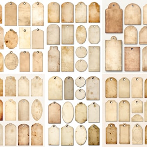 May include: A collection of vintage-style paper tags in various shapes and sizes. The tags have a distressed, aged appearance with brown and beige tones, some with metal eyelets for hanging. Ideal for crafting or gift-giving.