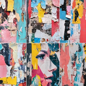Könnte beinhalten: Eine Collage aus farbenfrohen, verwitterten Postern mit abgerissenen Rändern. Die Poster zeigen eine Mischung aus Farben wie Rot, Gelb, Blau und Rosa. Ein Teilbild eines Frauenporträts mit blauen Augen ist zu sehen.