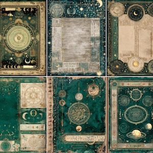 May include: A collection of six vintage-style celestial art prints. Each print features a dark teal background with gold and cream-colored astronomical charts, moons, and stars. The prints have a distressed, aged appearance.