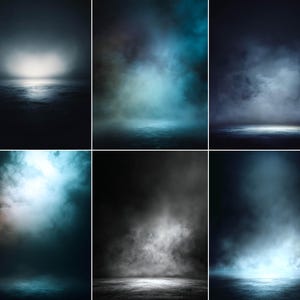 May include: A collection of six studio backdrop images featuring a dark, moody aesthetic. Each image showcases a misty or smoky atmosphere with a subtle, illuminated floor and a gradient of dark blues and grays, creating a dramatic effect.