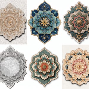 Puede incluir: Una colección de seis diseños de mandalas decorativos en varios colores y estilos. Los diseños incluyen patrones intrincados y motivos florales, con colores que van desde el beige y el dorado hasta el turquesa, el azul y el rosa. Los mandalas se muestran sobre un fondo blanco.