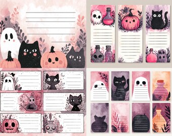 May include: Watercolor illustrations of Halloween-themed stationery. The image features a ghost, black cats, and pumpkins. There are also potion bottles and skull designs. The stationery includes lined notepads and decorative elements in shades of pink, purple, and black.