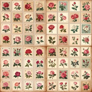 Vintage Rose Stamp Collage Sheets, Printable Floral Ephemera for Junk Journals, Scrapbooking, Romantic Paper Crafts & Card Making (12 Pages)