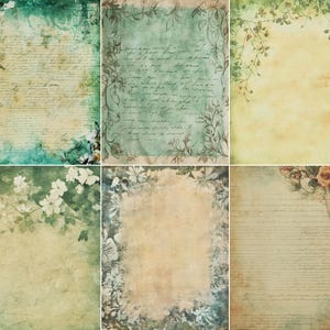 Peut inclure: Six papiers numériques de style vintage. Chaque papier présente un aspect vieilli et vieilli avec des éléments floraux et manuscrits. Les couleurs incluent des verts, des bruns et des crèmes sourds, créant une esthétique antique.