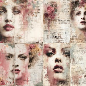 Puede incluir: Un collage con cuatro retratos de mujeres con detalles florales y fondos de escritura vintage. Los rostros est&aacute;n pintados con rosas, rojos y cremas suaves, creando una est&eacute;tica rom&aacute;ntica y art&iacute;stica. El tema general es el arte vintage.