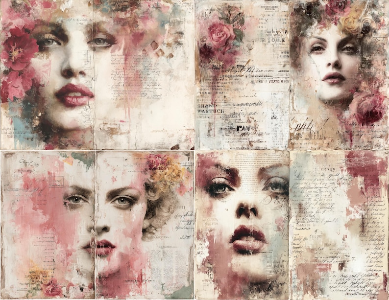 Puede incluir: Un collage con cuatro retratos de mujeres con detalles florales y fondos de escritura vintage. Los rostros est&aacute;n pintados con rosas, rojos y cremas suaves, creando una est&eacute;tica rom&aacute;ntica y art&iacute;stica. El tema general es el arte vintage.