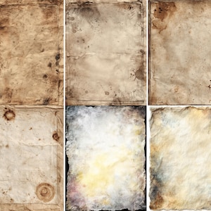 Puede incluir: Un collage de seis texturas de papel envejecido. Los papeles varían en color, desde beige claro hasta marrón oscuro, con manchas y arrugas. Algunos tienen bordes o sellos decorativos, lo que sugiere una estética vintage. Ideal para fondos o elementos de diseño.
