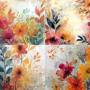 Könnte beinhalten: Aquarell-Kunstdruck mit lebendigen Blüten in Rot-, Orange- und Gelbtönen. Das Kunstwerk umfasst detaillierte Blätter und Stiele mit einem weichen, strukturierten Hintergrund. Das Gesamtthema ist botanisch und künstlerisch.