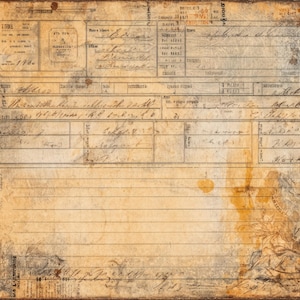 May include: A weathered ledger page with handwritten text, stamps, and aged paper. The sepia-toned document shows ink stains and floral patterns, suggesting a historical artifact. The overall aesthetic is one of age and vintage charm.
