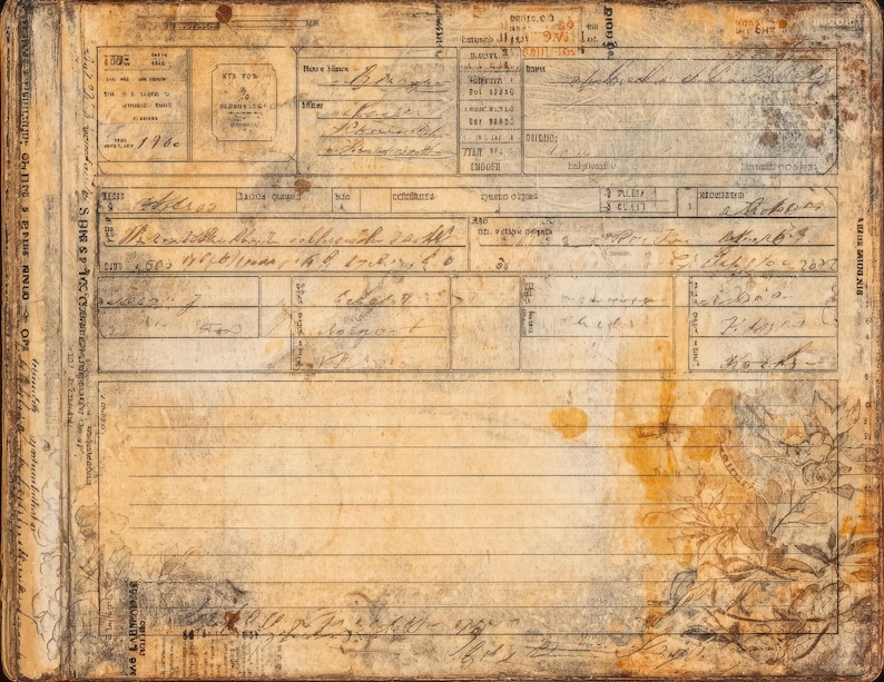 May include: A weathered ledger page with handwritten text, stamps, and aged paper. The sepia-toned document shows ink stains and floral patterns, suggesting a historical artifact. The overall aesthetic is one of age and vintage charm.