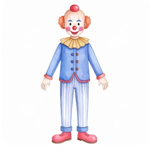 May include: Watercolor illustration of a clown in a blue jacket with brown buttons, a yellow ruffled collar, and striped pants. The clown has red shoes, a red nose, and orange hair. A red ball sits atop the clown's head.