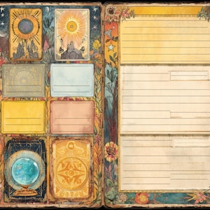 May include: Open book with a vintage aesthetic, featuring tarot card illustrations and lined pages. The left side displays various tarot card designs with celestial and geometric motifs. The right side has lined sections for notes, surrounded by floral borders.