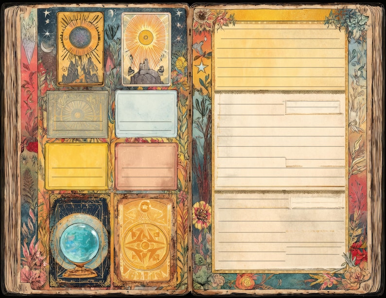 May include: Open book with a vintage aesthetic, featuring tarot card illustrations and lined pages. The left side displays various tarot card designs with celestial and geometric motifs. The right side has lined sections for notes, surrounded by floral borders.