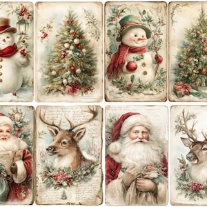 Op de afbeelding: Een verzameling van acht kerstkaarten in vintage stijl. De kaarten tonen illustraties van sneeuwmannen, versierde kerstbomen, de kerstman en rendieren. Het kleurenpalet omvat rood, groen en crème, met een verouderde uitstraling.