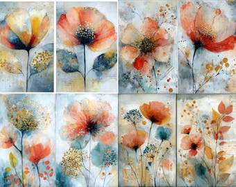 May include: A collection of eight floral art prints. The artwork features watercolor-style flowers in shades of orange, yellow, and blue against a light blue and white background. The floral arrangements include detailed petals, stems, and leaves, with some prints featuring gold accents.