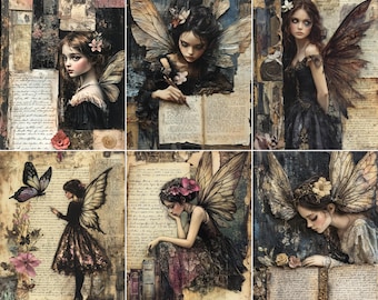 Puede incluir: Un collage de seis imágenes con ilustraciones de hadas. Cada hada tiene alas detalladas, detalles florales y está ambientada sobre un fondo de papel envejecido y efímeras vintage. La paleta de colores incluye tonos apagados de marrón, negro y rosa.