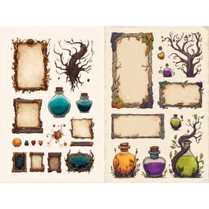 witchy potion labels and fantasy game ui elements with mystical frames apothecary tags magical symbols parchment textures for digital design image 6