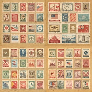 Timbri postali d'epoca / Oltre 200 francobolli stampabili / Kit di effimeri per diario di scarto / Etichette per timbri antichi per scrapbooking e artigianato, 14 pagine