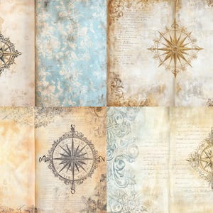 May include: A collection of six digital paper sheets featuring aged parchment textures, intricate compass rose illustrations, faded cursive handwriting, and ornate floral scrollwork in shades of beige, cream, light blue, and sepia brown.